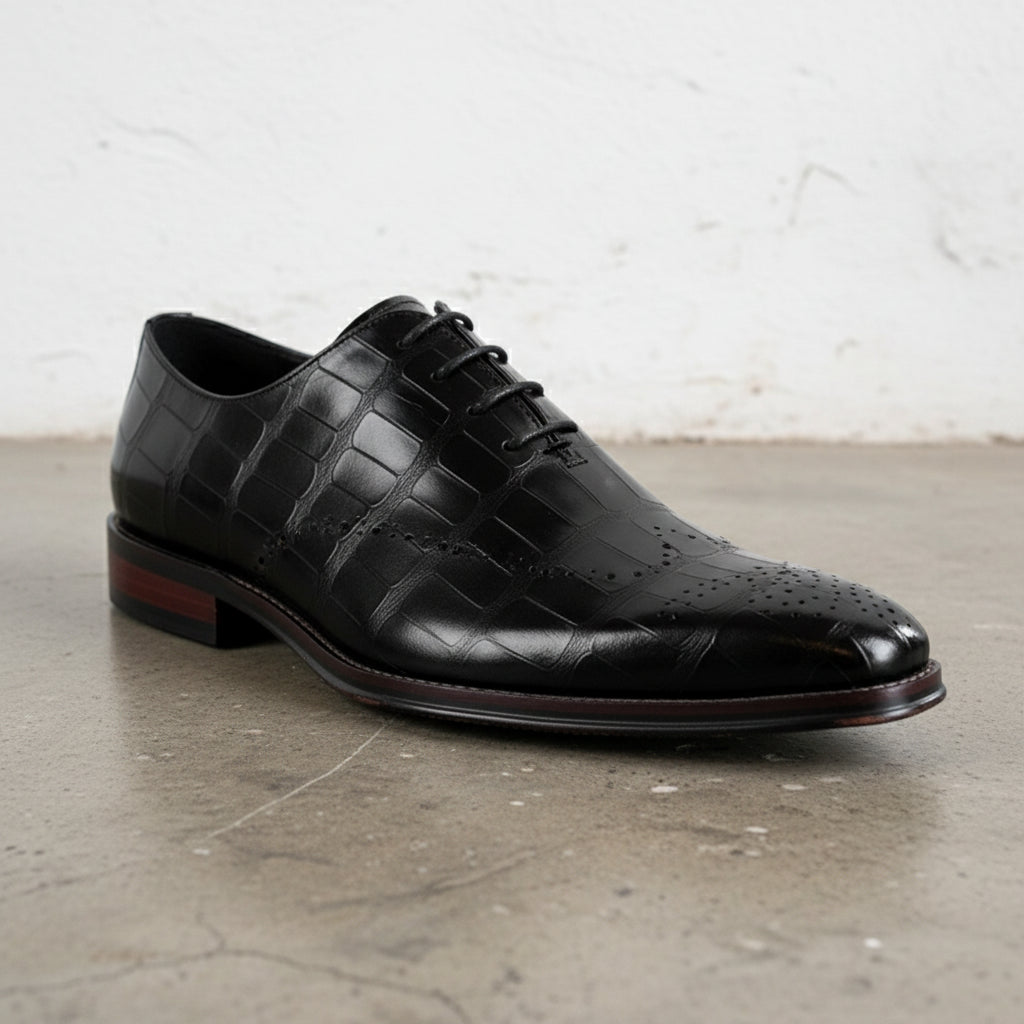 Handmade Men's Cow Leather Crocodile-Pattern Oxfords - detail-view-showing-texture