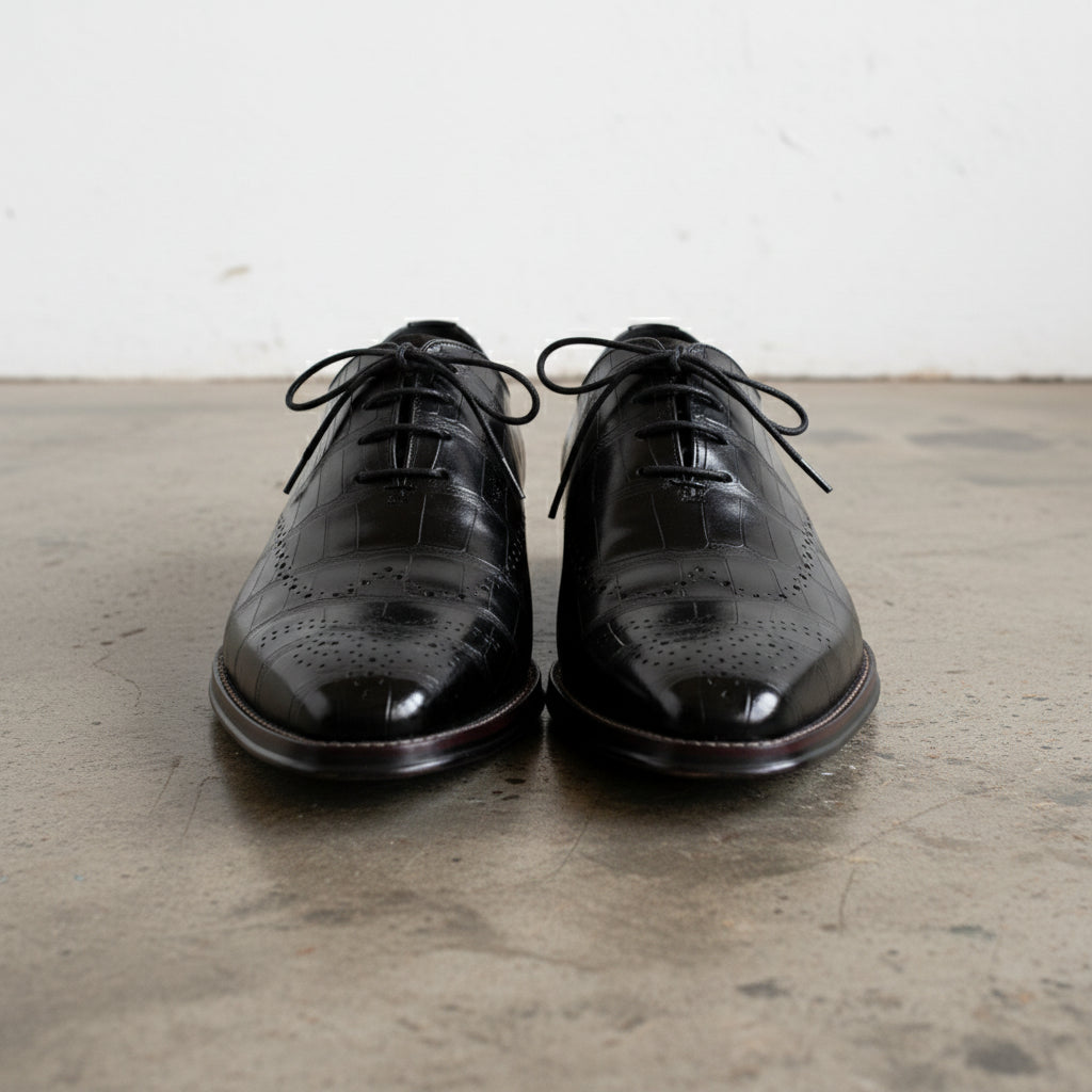 Handmade Men's Cow Leather Crocodile-Pattern Oxfords - front-view