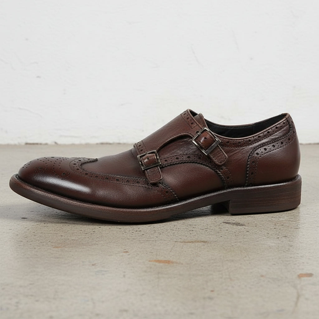 Handmade Men's Cow Leather Formal Monk Shoes - detail-view-showing-texture