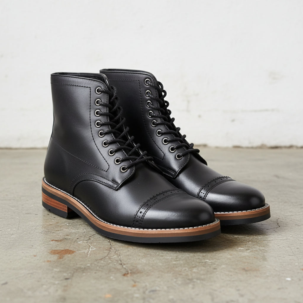 Handmade Men's Cow Leather Lace-Up Boots - angle-view-showing-depth