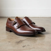 Handmade Men's Cow Leather Monk Strap Dress Shoes - angle-view-showing-depth