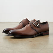 Handmade Men's Cow Leather Monk-Strap Dress Shoes - angle-view-showing-depth