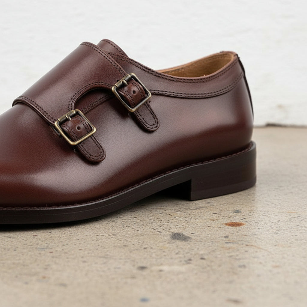 Handmade Men's Cow Leather Monk Strap Dress Shoes - detail-view-showing-texture