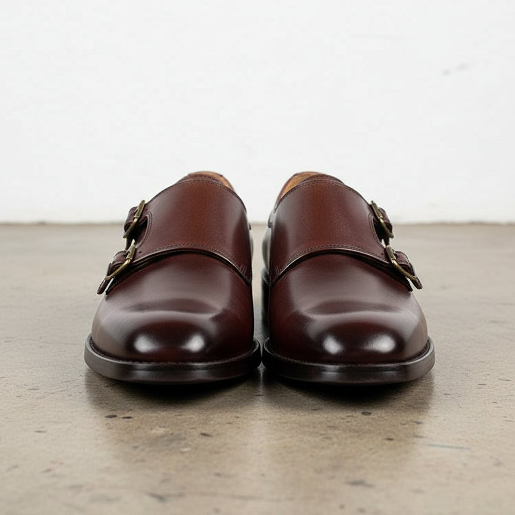 Handmade Men's Cow Leather Monk Strap Dress Shoes - front-view