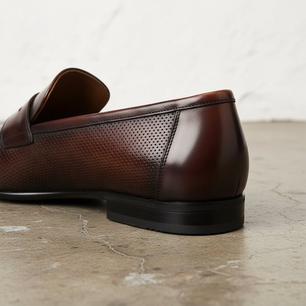 Handmade Men's Cow Leather Penny Loafer Shoes - detail-view-showing-texture