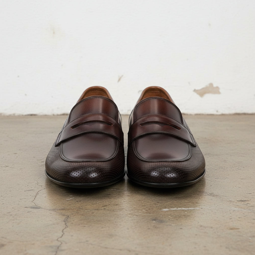 Handmade Men's Cow Leather Penny Loafer Shoes - front-view