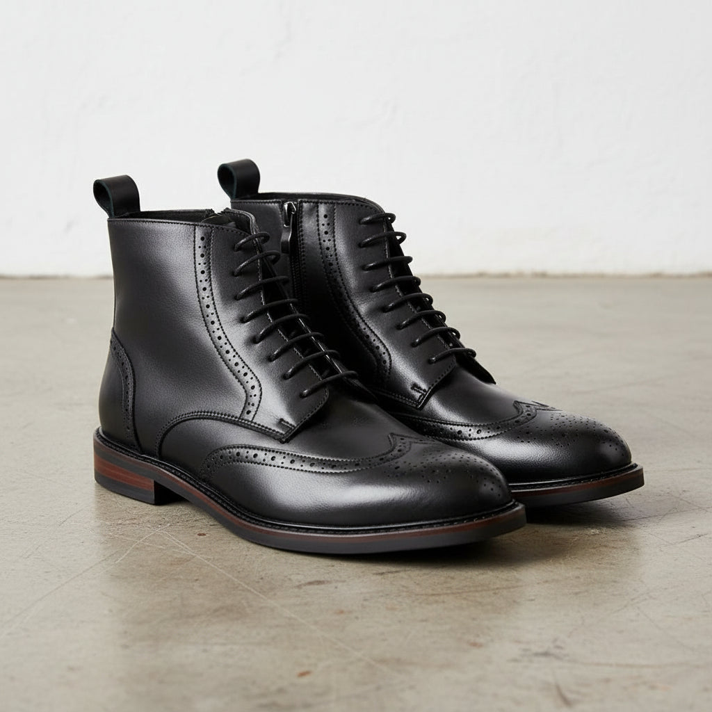 Handmade Men's Cow Leather Prestige Wingtip Boots - 3-4-right-view