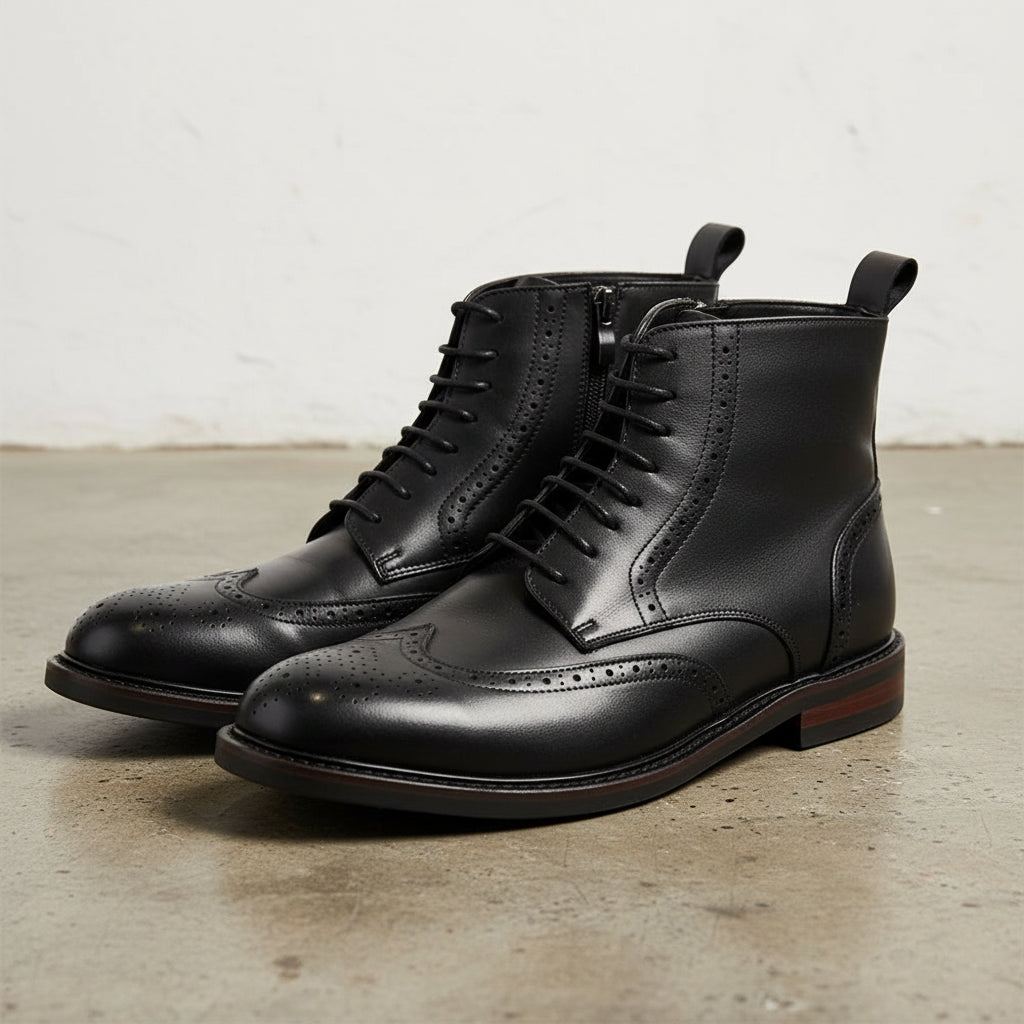 Handmade Men's Cow Leather Prestige Wingtip Boots - angle-view-showing-depth