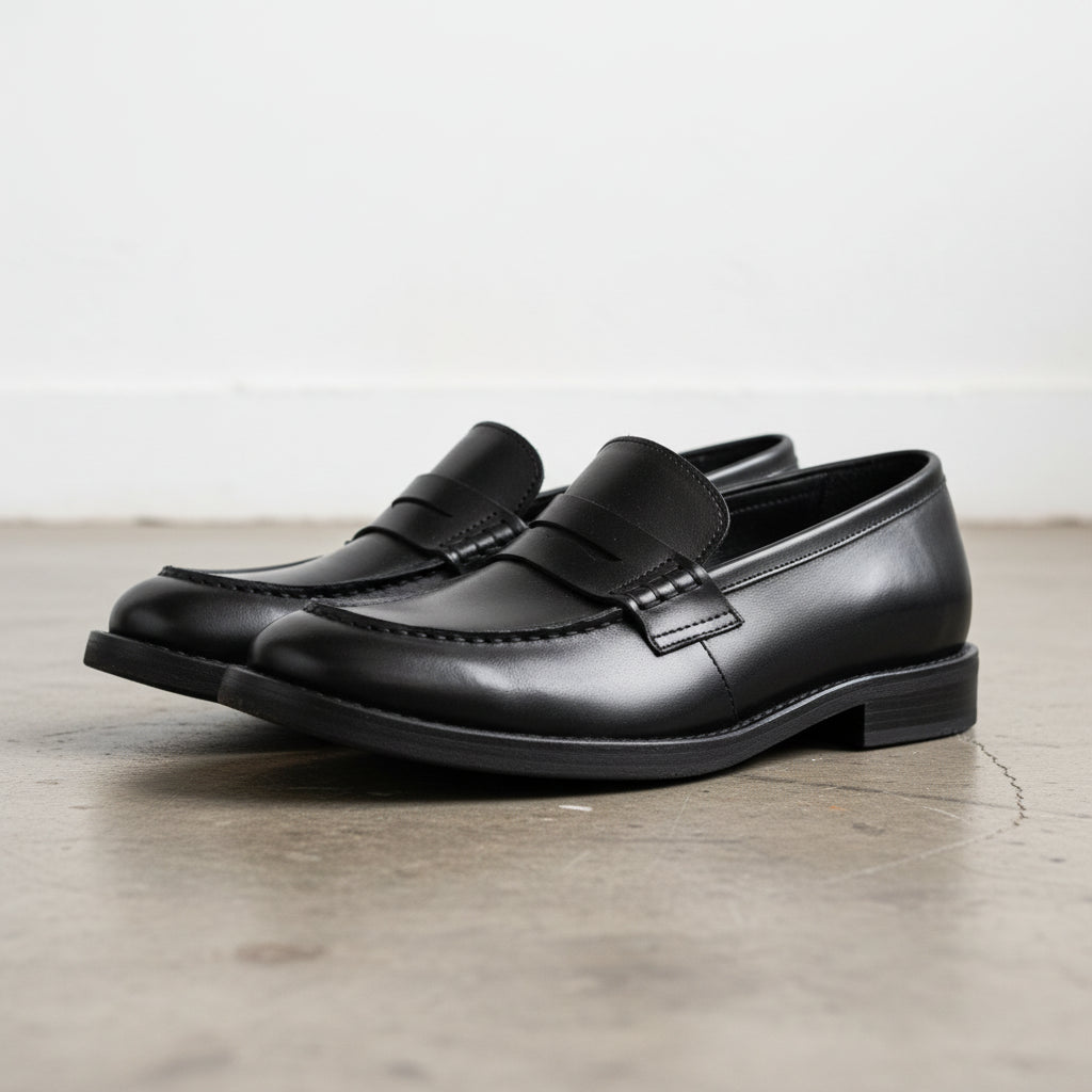 Handmade Men's Cow Leather Slip-On Dress Shoes - angle-view-showing-depth