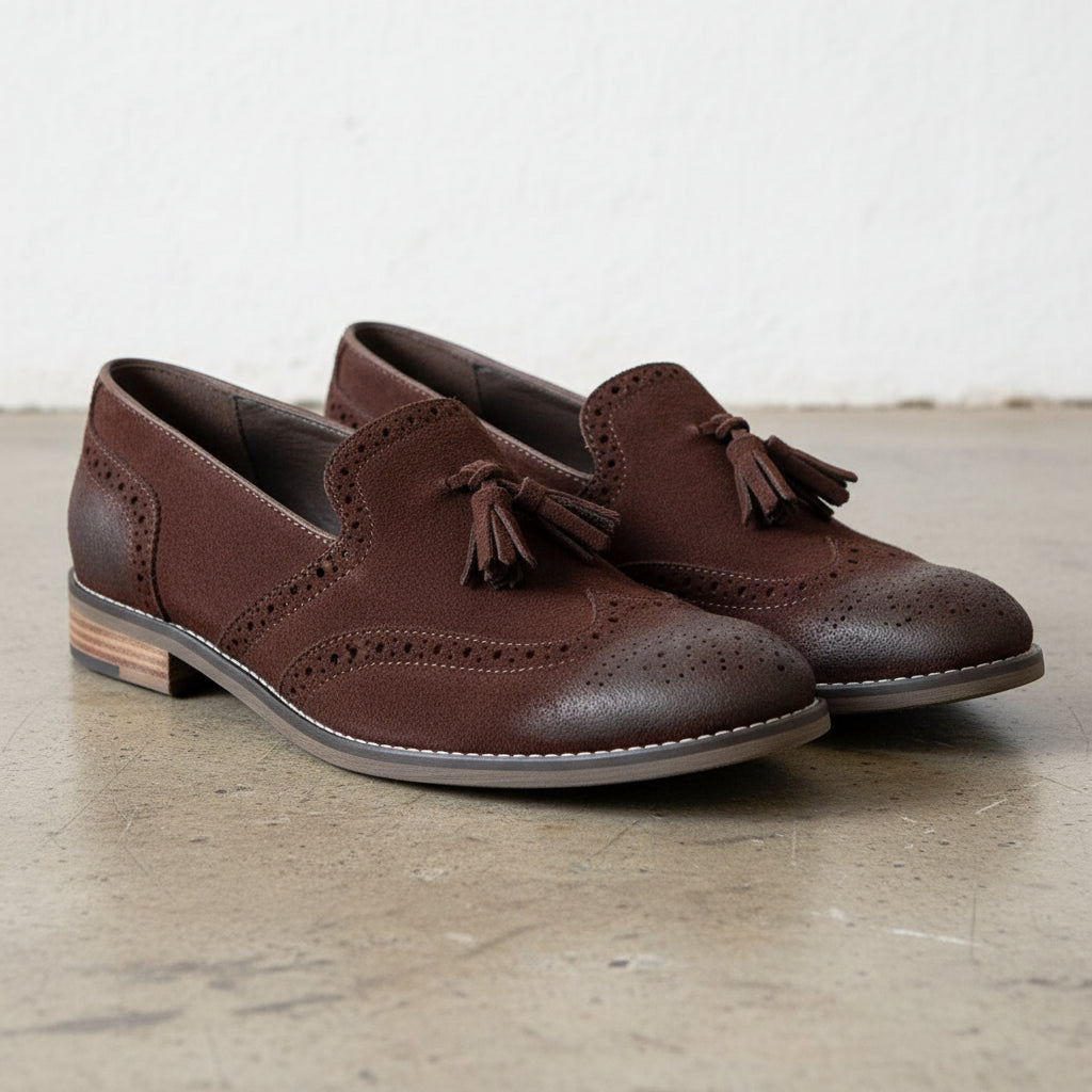 Handmade Men's Cow Leather Suede Brogue Slip-On Shoes - angle-view-showing-depth