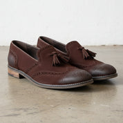 Handmade Men's Cow Leather Suede Brogue Slip-On Shoes - angle-view-showing-depth