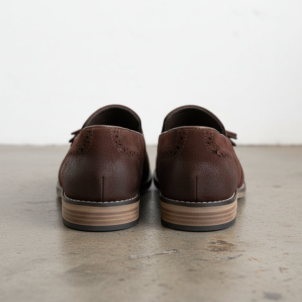 Handmade Men's Cow Leather Suede Brogue Slip-On Shoes - back-view