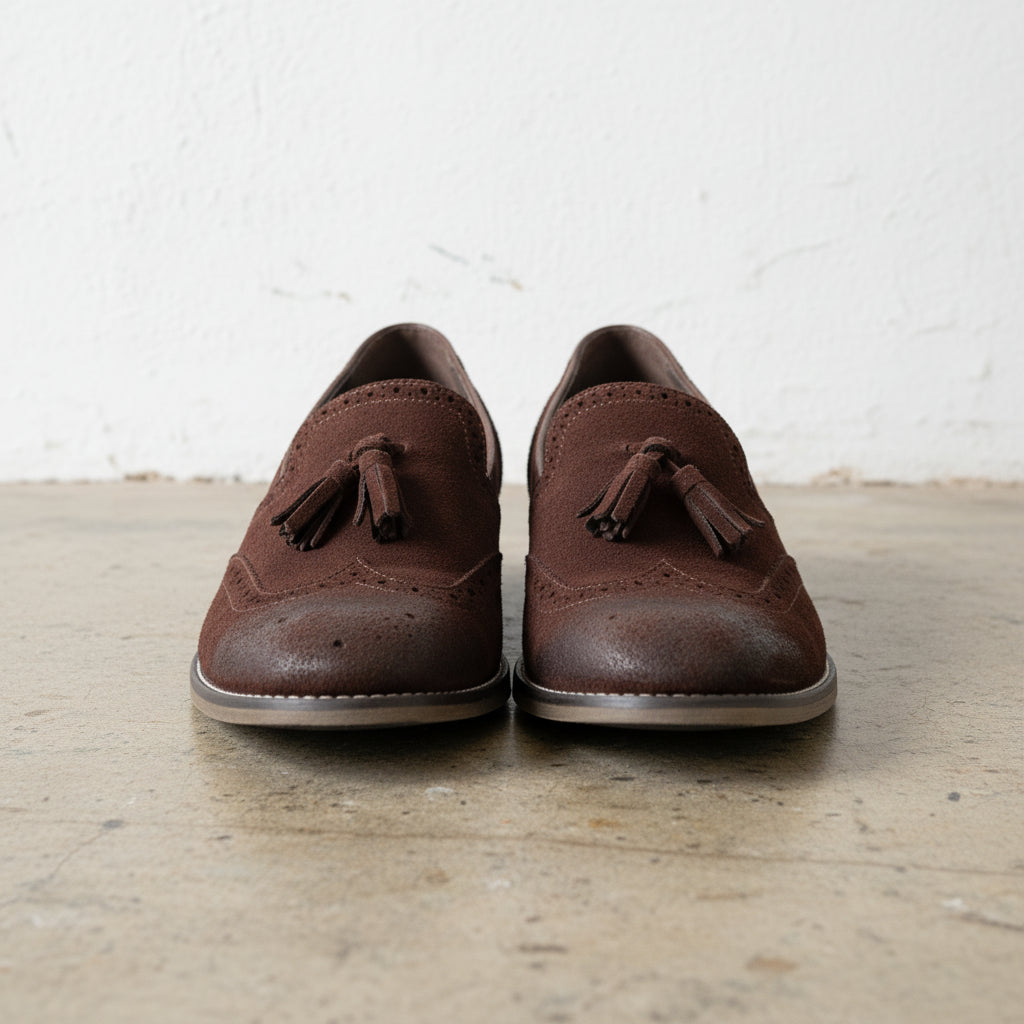 Handmade Men's Cow Leather Suede Brogue Slip-On Shoes - front-view