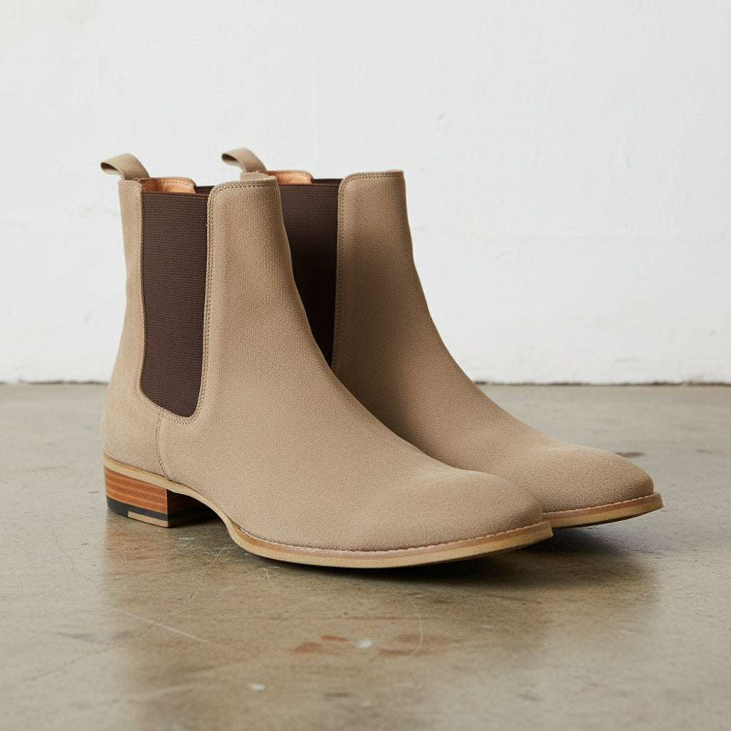 Handmade Men's Cow Leather Suede Chelsea Boots - angle-view-showing-depth