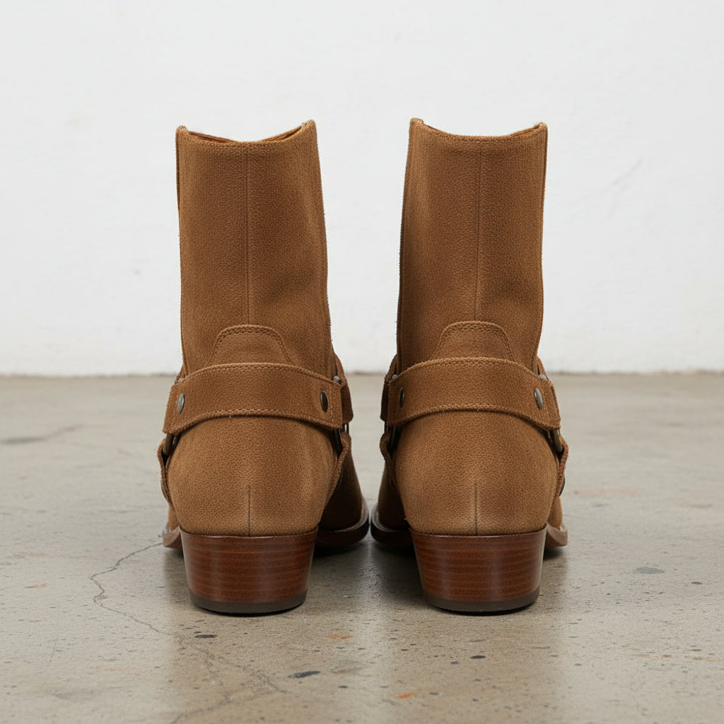 Handmade Men's Cow Leather Suede High Ankle Boots - back-view