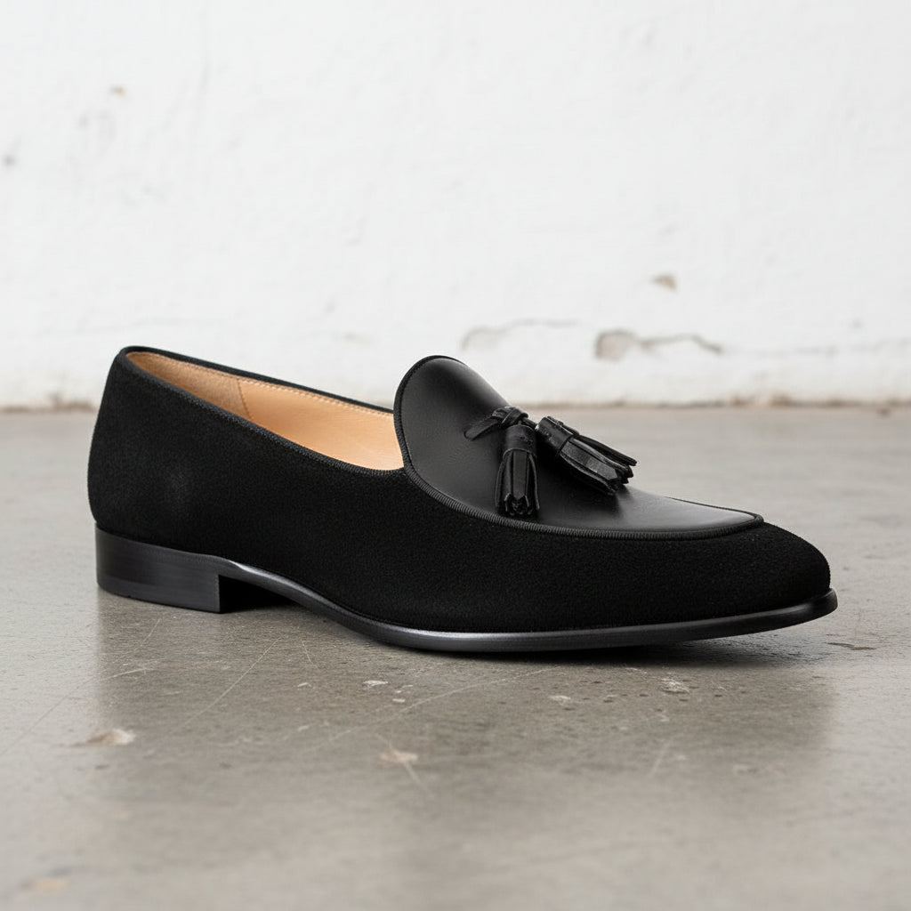 Handmade Men's Cow Leather Suede Loafer Shoes - detail-view-showing-texture