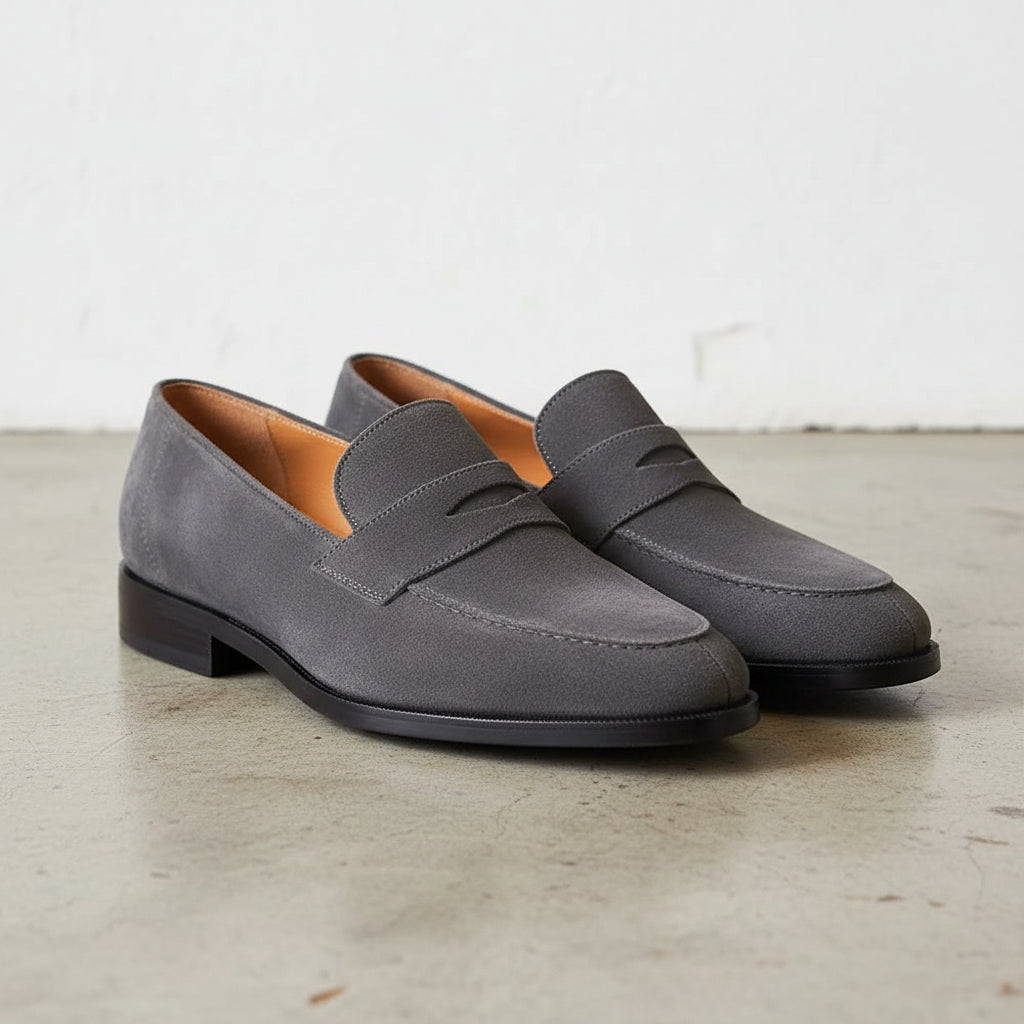 Handmade Men's Cow Leather Suede Penny Loafers - angle-view-showing-depth