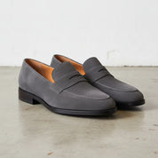 Handmade Men's Cow Leather Suede Penny Loafers - angle-view-showing-depth