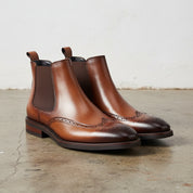 Handmade Men's Cow Leather Suede Wingtip Dress Boots - angle-view-showing-depth