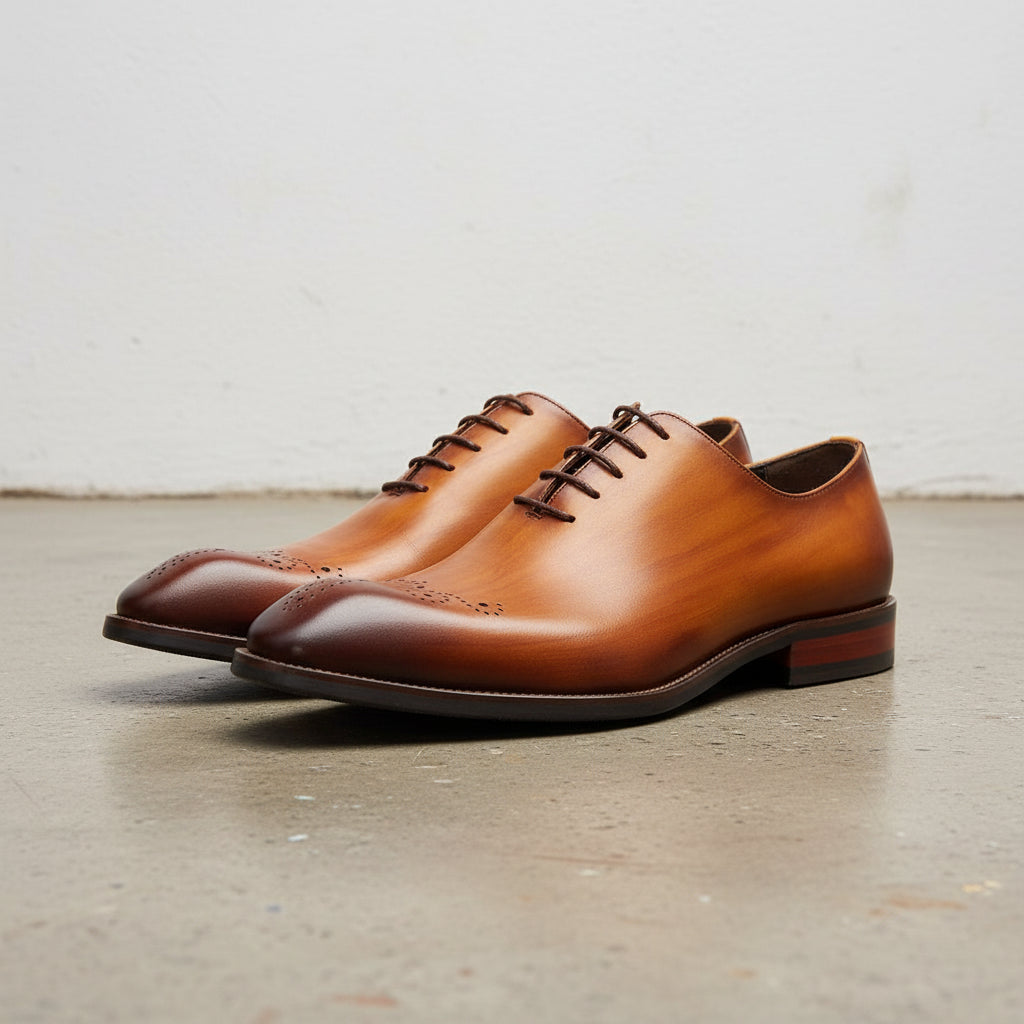 Handmade Men's Cow Leather Traditional Derbies - Leather Dress Shoes - angle-view-showing-depth