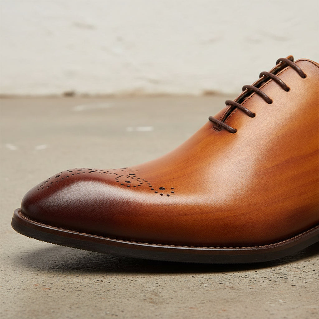 Handmade Men's Cow Leather Traditional Derbies - Leather Dress Shoes - detail-view-showing-texture
