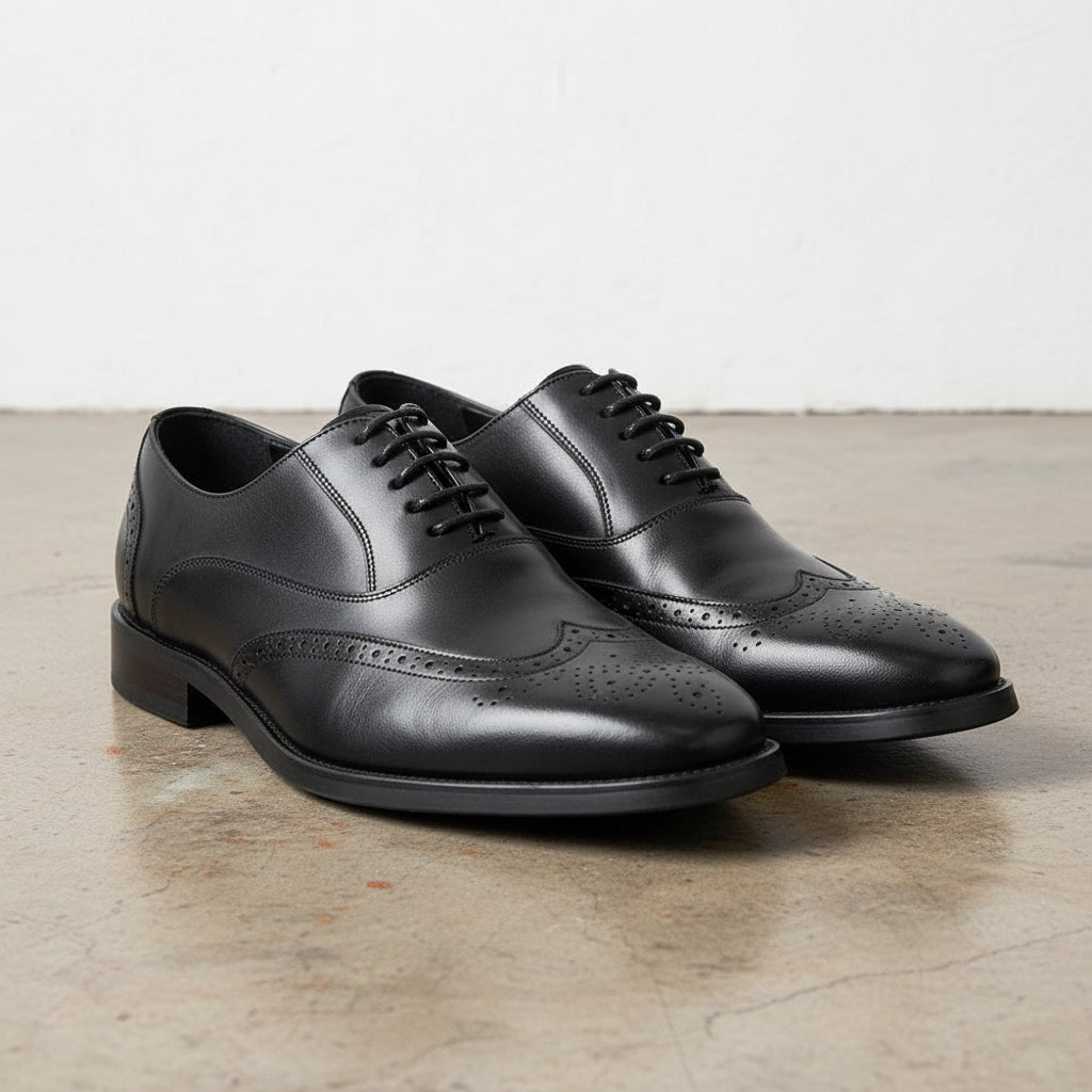 Handmade Men's Cow Leather Wingtip Brogues Dress Shoes - angle-view-showing-depth