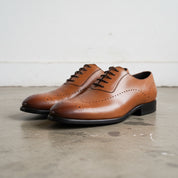 Handmade Men's Cow Leather Wingtip Oxford Dress Shoes - angle-view-showing-depth