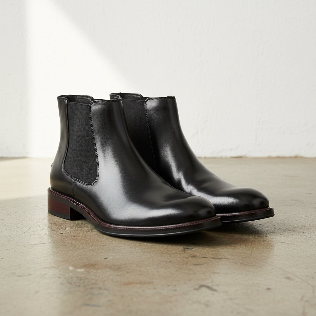 Handmade Men's Cow Premium Leather Dress Boots - angle-view-showing-depth