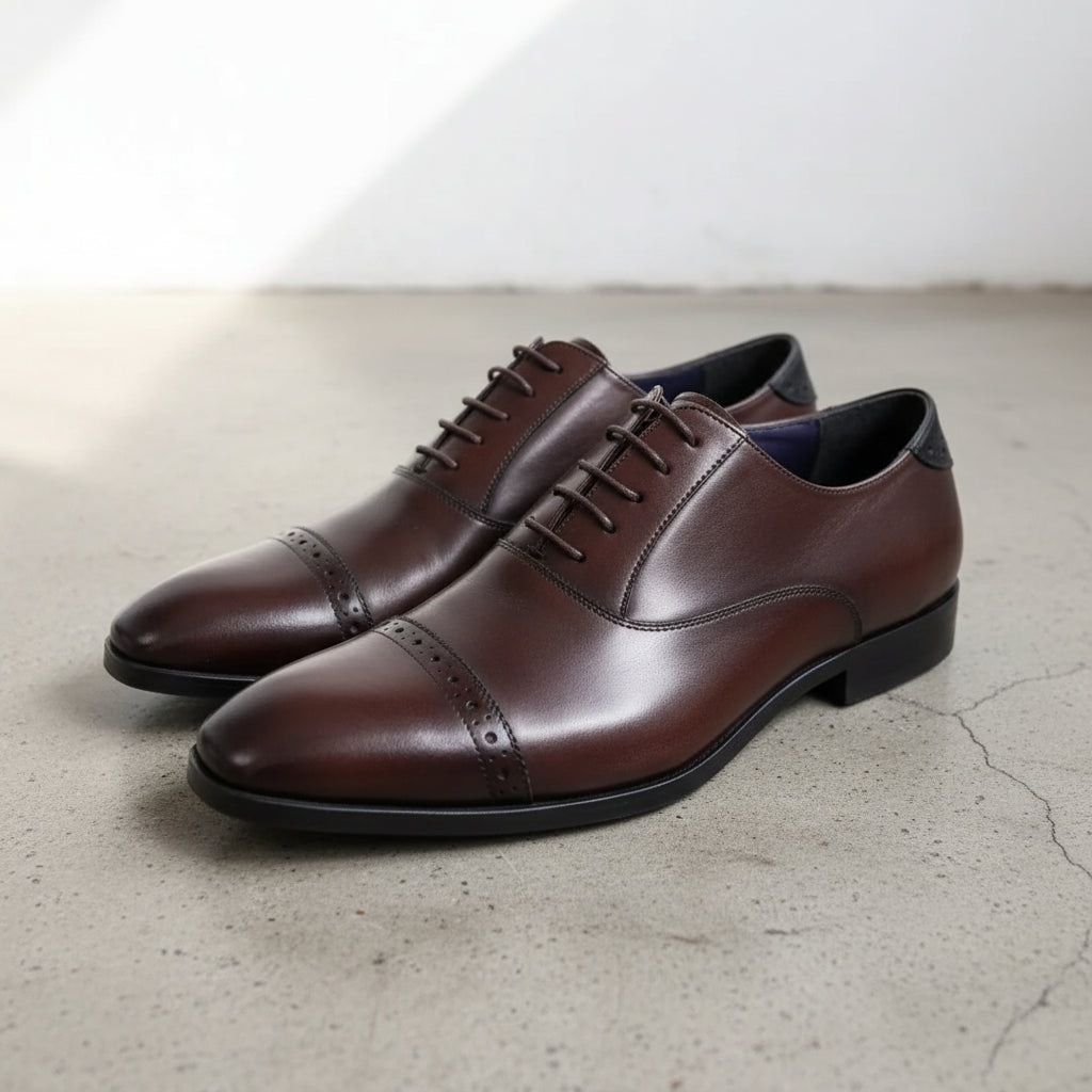 Handmade Men's Cow Premium Leather Formal Dress Shoes - angle-view-showing-depth