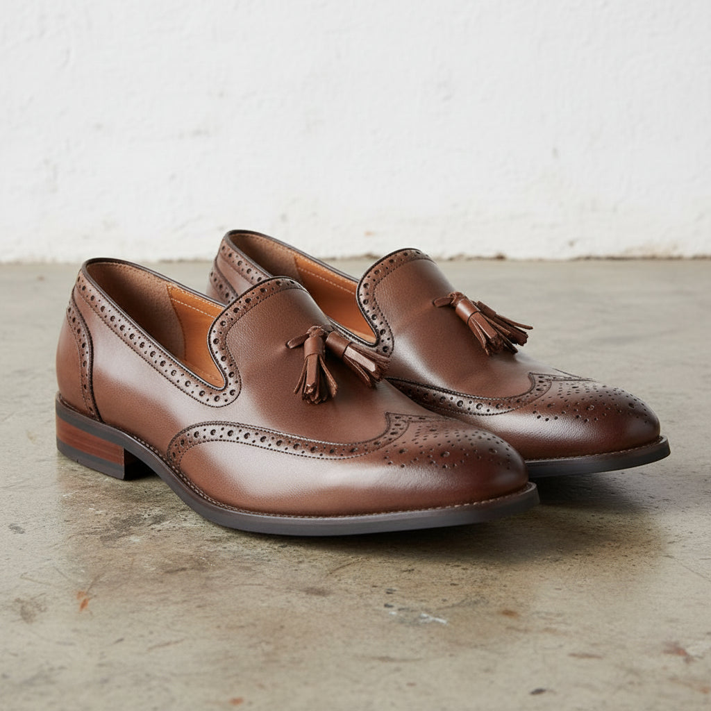 Handmade Men's Cow Premium Leather Tassel Loafers - angle-view-showing-depth