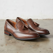 Handmade Men's Cow Premium Leather Tassel Loafers - angle-view-showing-depth