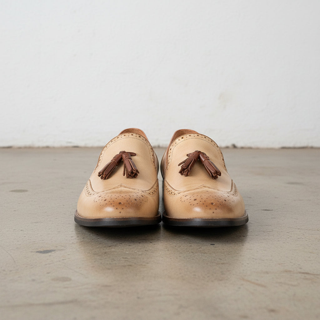 Handmade Men's Cow Premium Leather Tassel Loafers - front-view