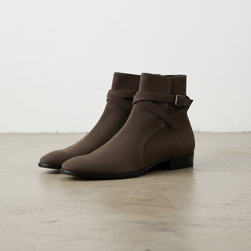 Handmade Men's Cow Suede Chelsea Boots - angle-view-showing-depth