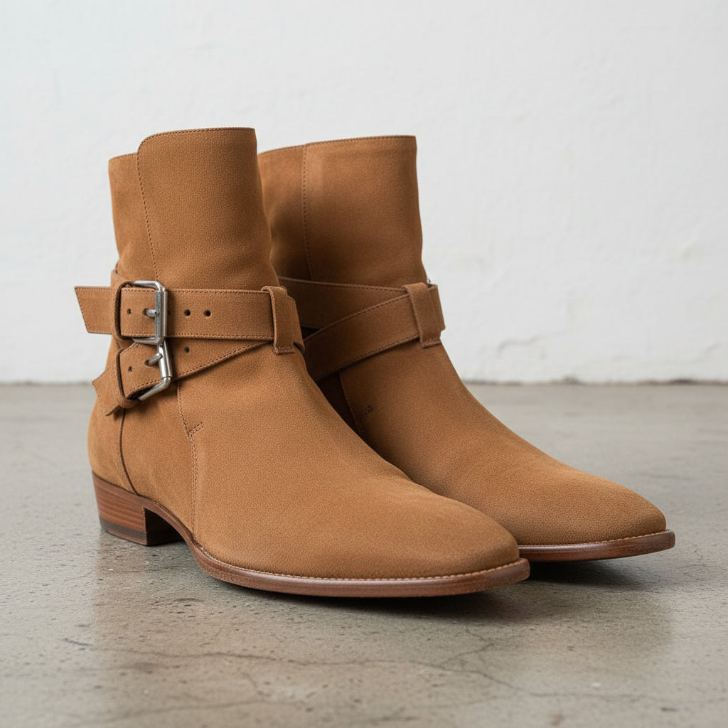 Handmade Men's Cowhide Suede High Ankle Boots - angle-view-showing-depth