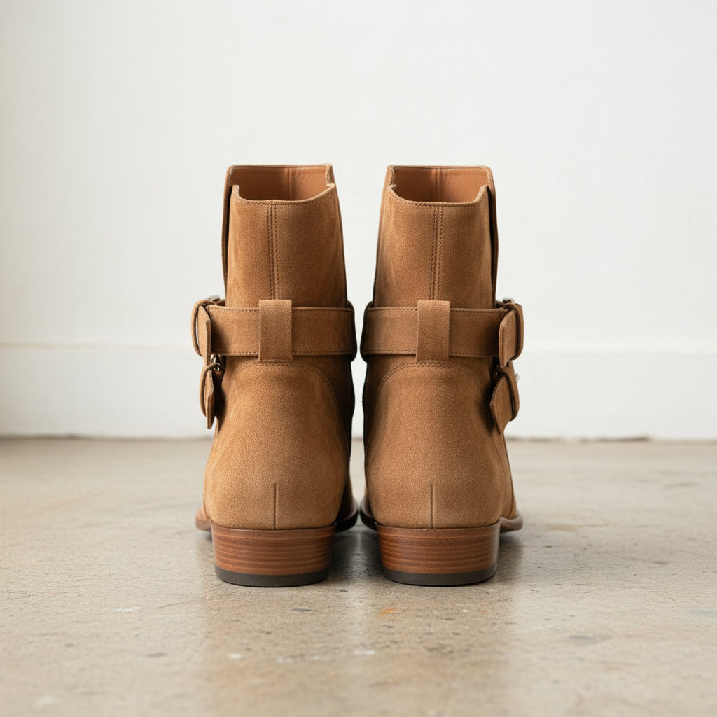 Handmade Men's Cowhide Suede High Ankle Boots - back-view