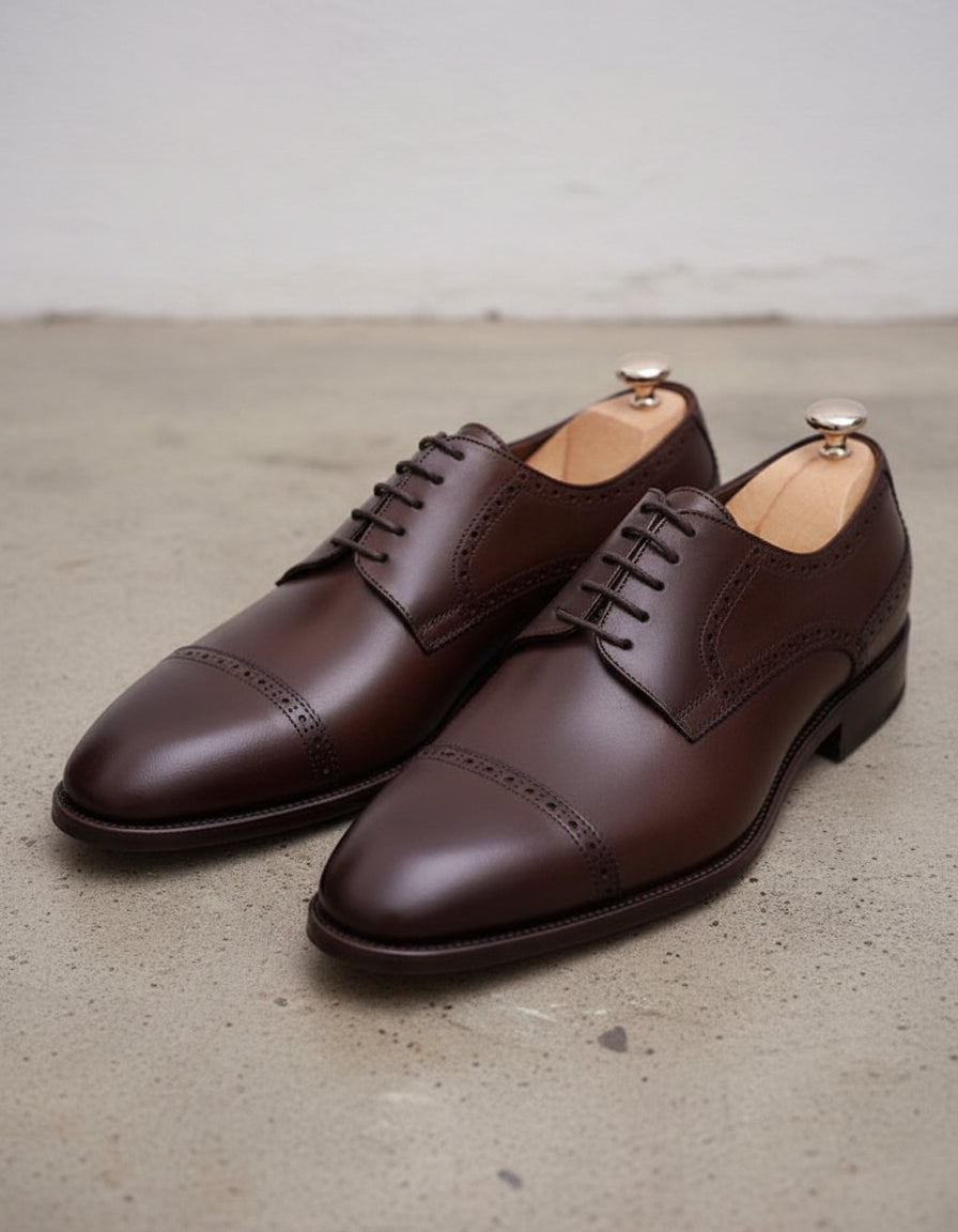 Handmade Mens dark brown lace up dress shoes, Men leather oxford shoes - angle-view-showing-depth
