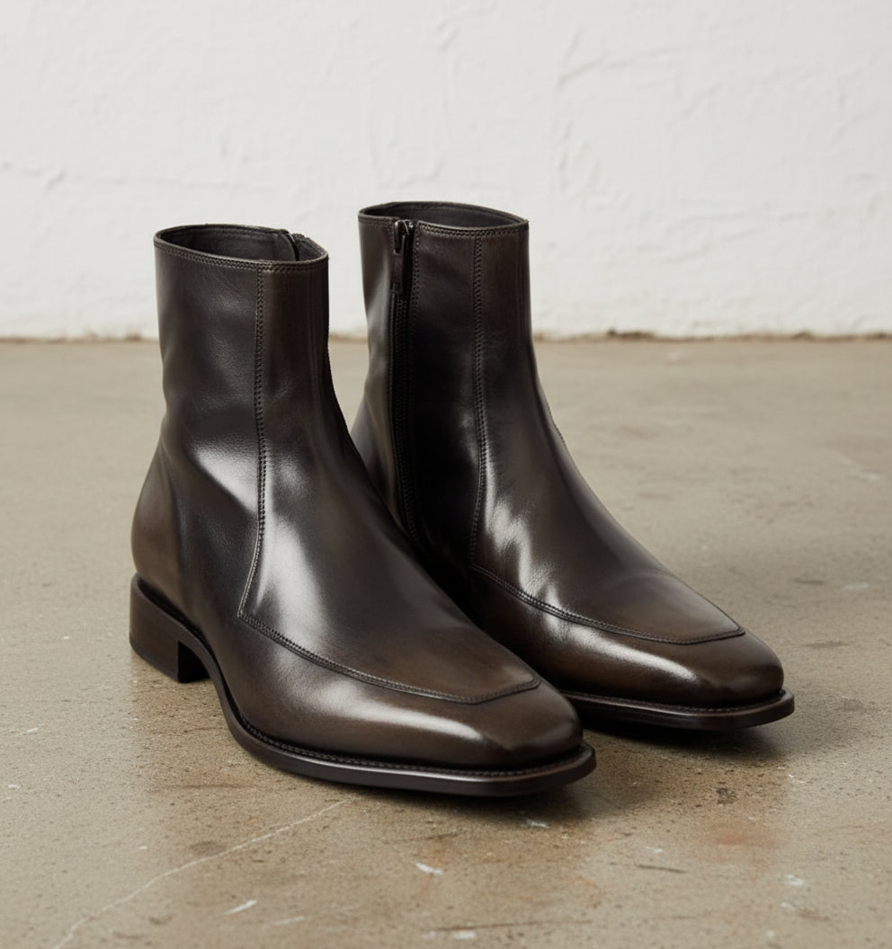 Handmade Mens Dark Brown Square Toe Side Zipper Boot, Real Leather Boots - angle-view-showing-depth