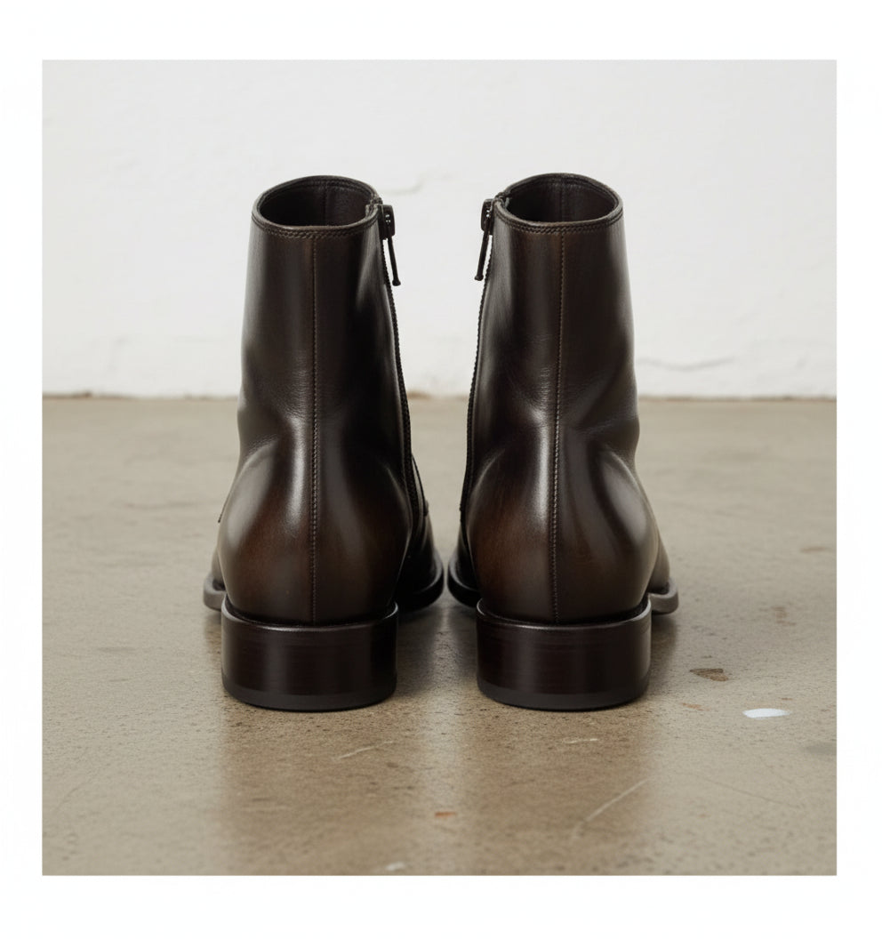 Handmade Mens Dark Brown Square Toe Side Zipper Boot, Real Leather Boots - back-view