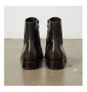 Handmade Mens Dark Brown Square Toe Side Zipper Boot, Real Leather Boots - back-view