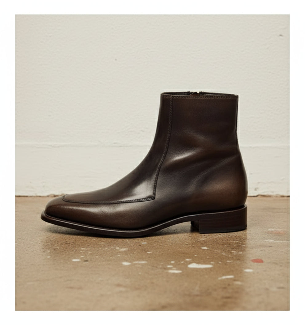 Handmade Mens Dark Brown Square Toe Side Zipper Boot, Real Leather Boots - detail-view-showing-texture