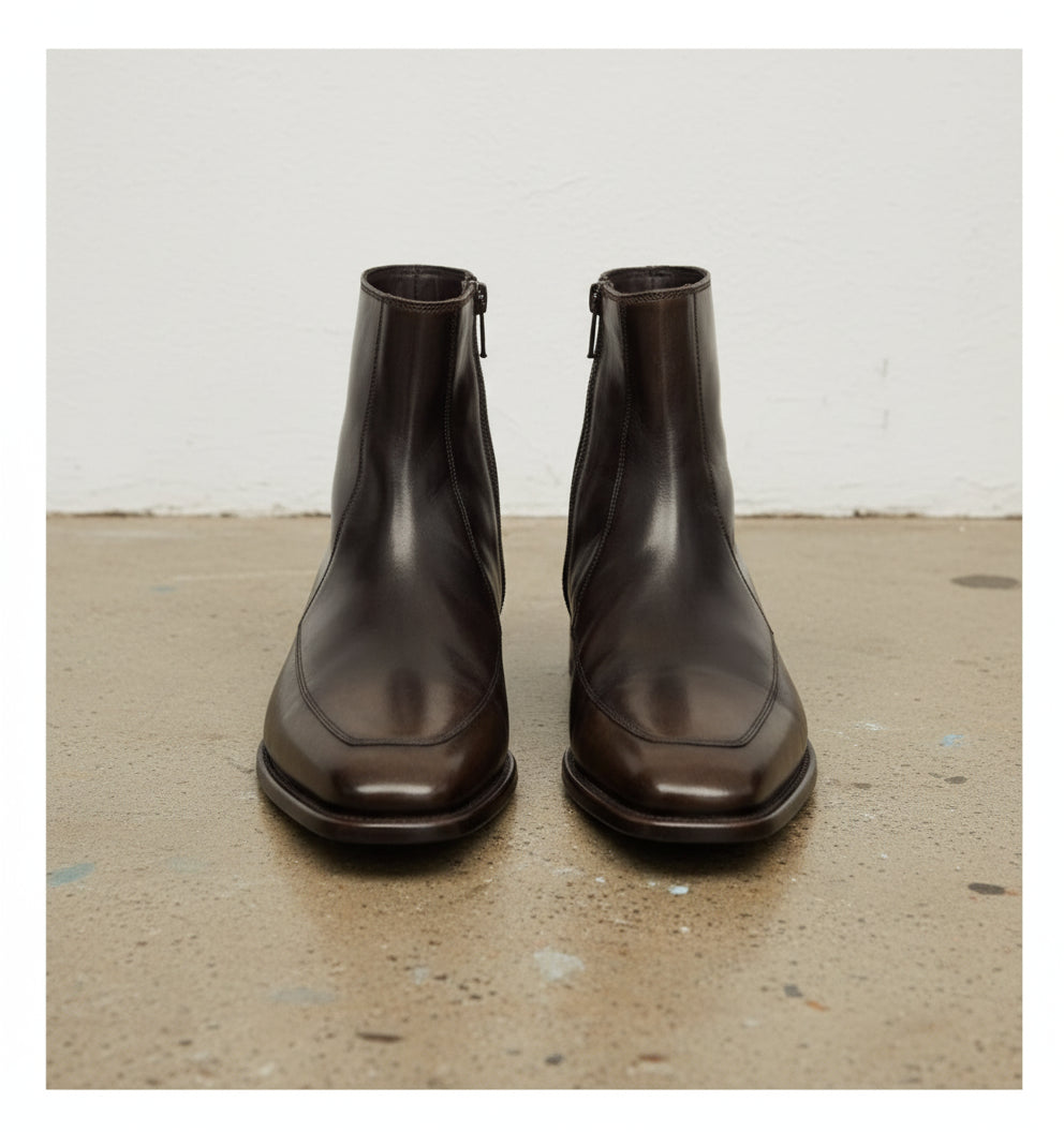 Handmade Mens Dark Brown Square Toe Side Zipper Boot, Real Leather Boots - front-view