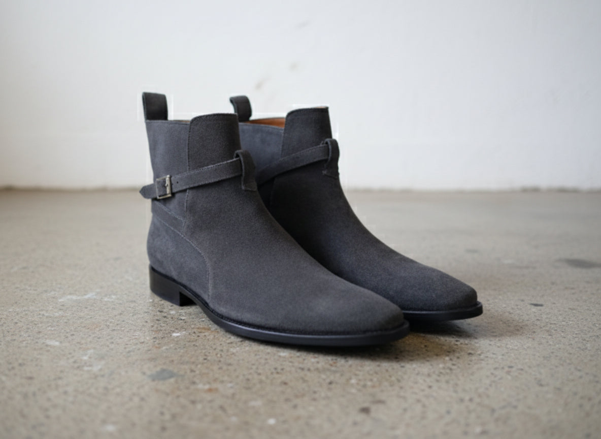 Handmade mens Dark gray suede Jodhpurs boot, Men Gray ankle suede boots - angle-view-showing-depth