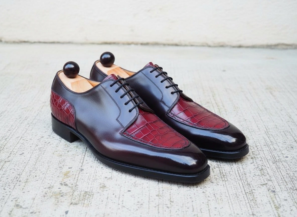 Handmade Men's Derby Lace Up Crocodile Texture Leather Round Toe Dress Shoe - angle-view-showing-depth