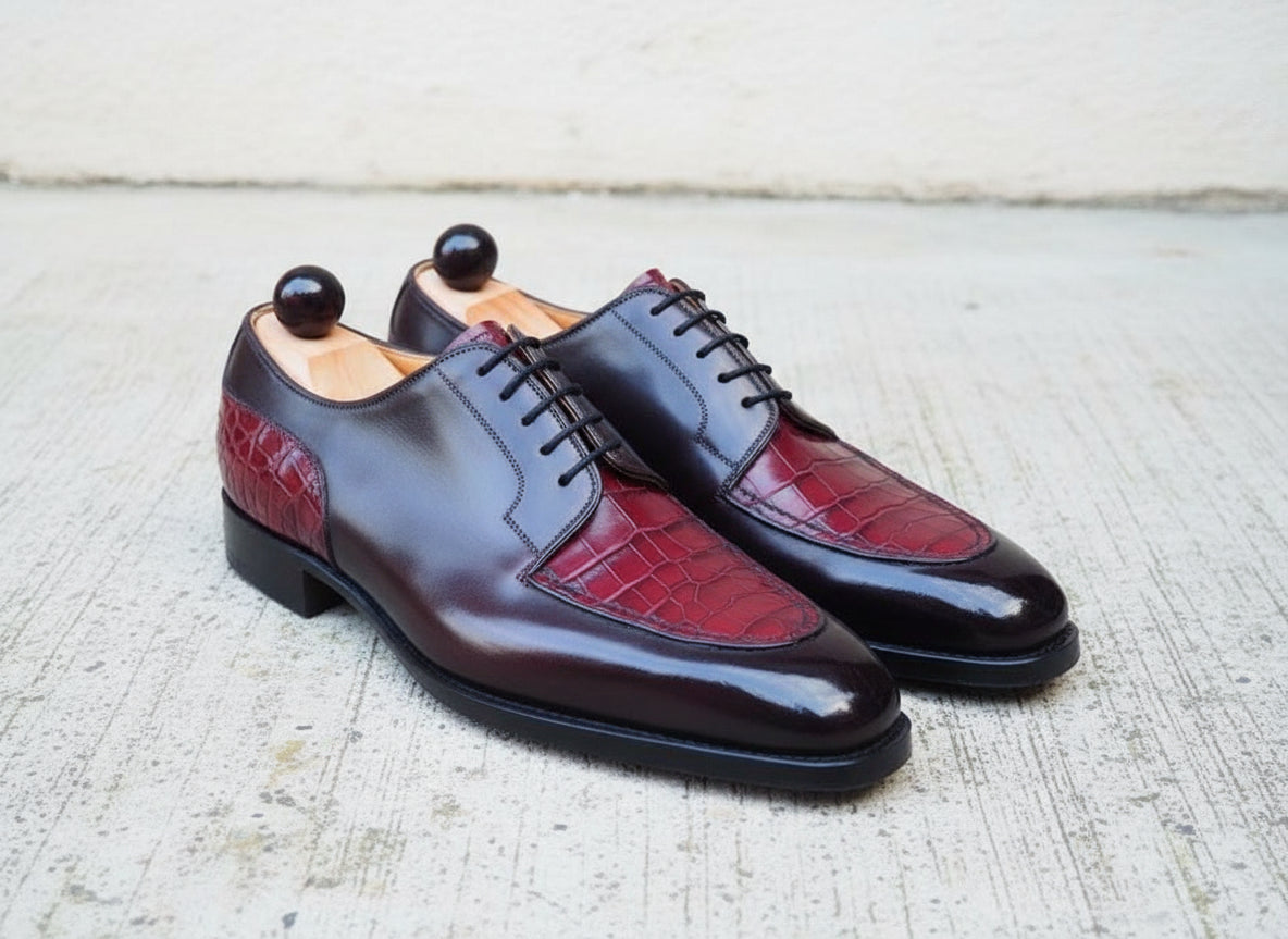 Handmade Men's Derby Lace Up Crocodile Texture Leather Round Toe Dress Shoe - angle-view-showing-depth