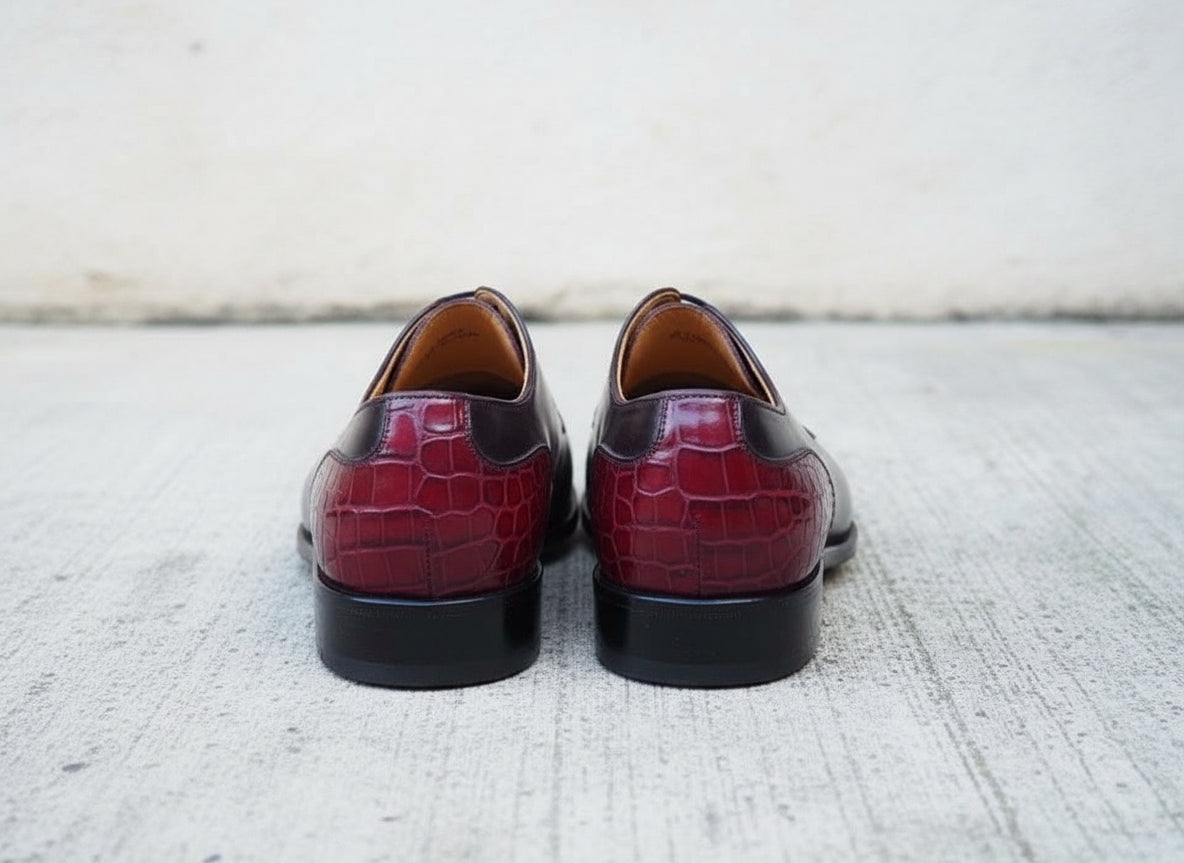 Handmade Men's Derby Lace Up Crocodile Texture Leather Round Toe Dress Shoe - back-view