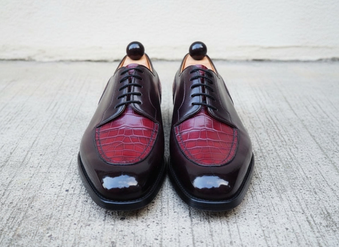 Handmade Men's Derby Lace Up Crocodile Texture Leather Round Toe Dress Shoe - front-view