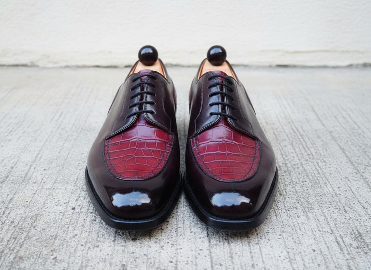 Handmade Men's Derby Lace Up Crocodile Texture Leather Round Toe Dress Shoe - front-view