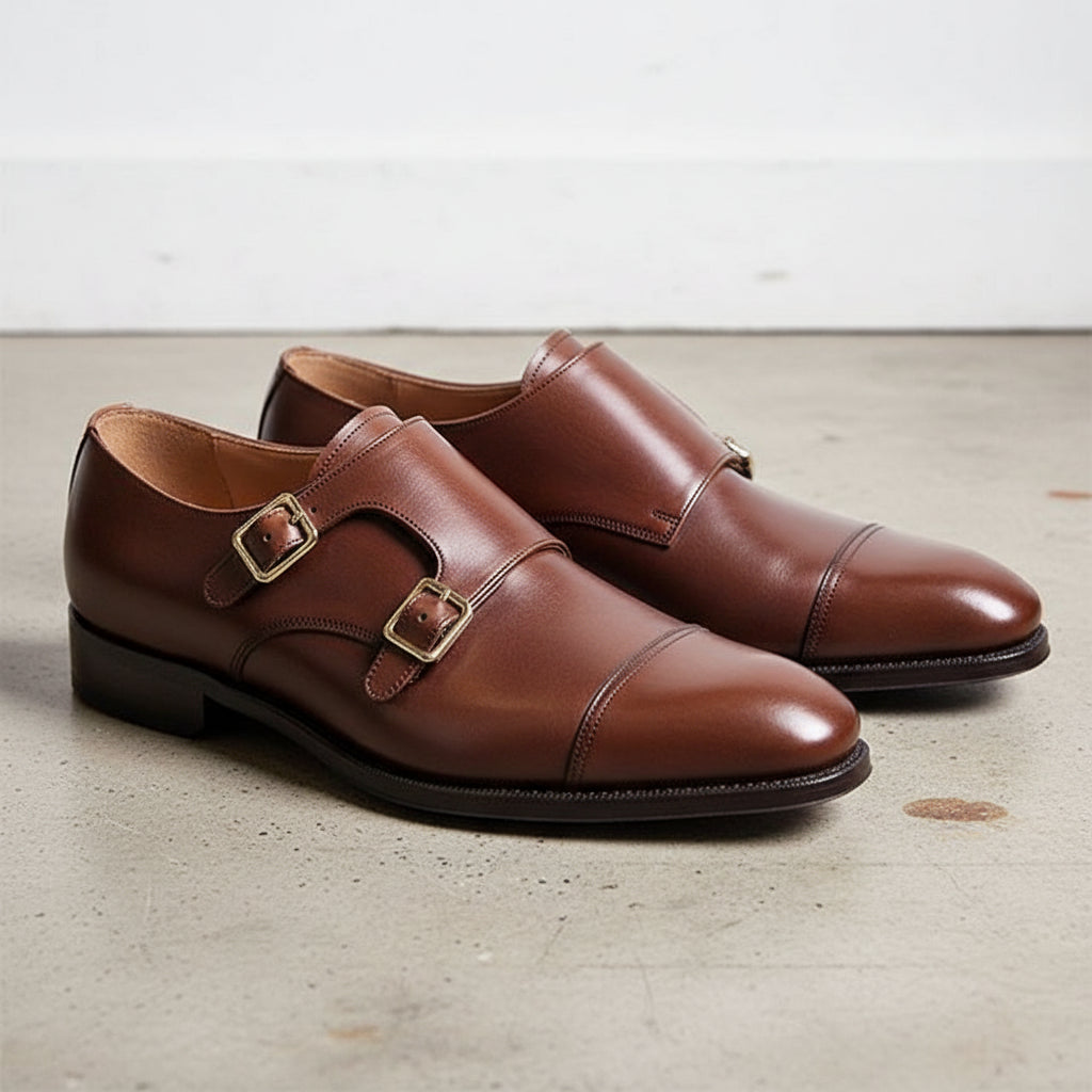 Handmade Men's Double Monk Brown Dress Shoes - Brown Oxford Shoes for Men