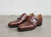 Handmade Mens Double monk Brown dress shoes, brown Oxford shoes for men - angle-view-showing-depth