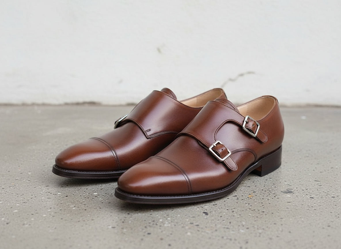 Handmade Mens Double monk Brown dress shoes, brown Oxford shoes for men - angle-view-showing-depth
